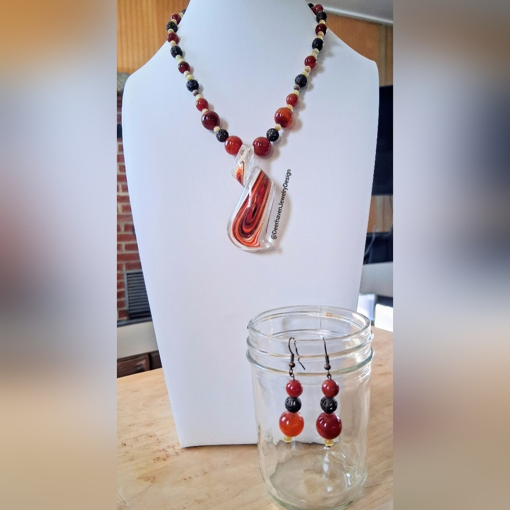 Handmade | Gorgeous | Artisan Glass Swirl Pendant Necklace and Earring Set